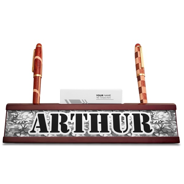Camo Red Mahogany Nameplates with Business Card Holder - Straight