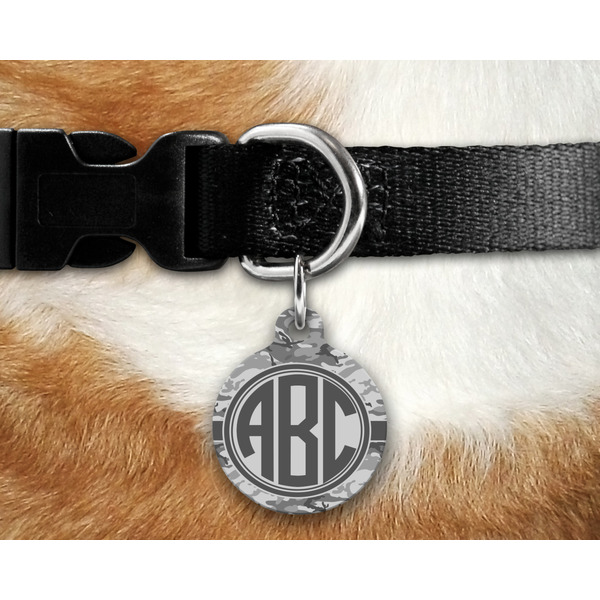 Camo Round Pet Tag on Collar & Dog