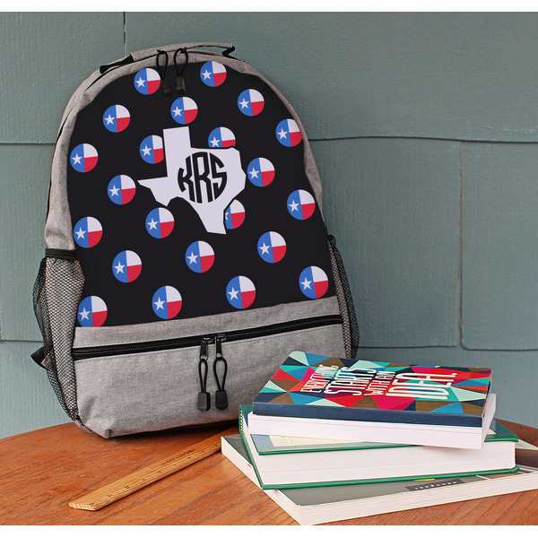 Texas Polka Dots Large Backpack - Gray - On Desk