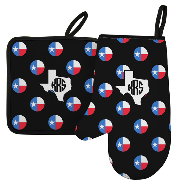 Custom Texas Polka Dots Left Oven Mitt & Pot Holder Set w/ Monogram