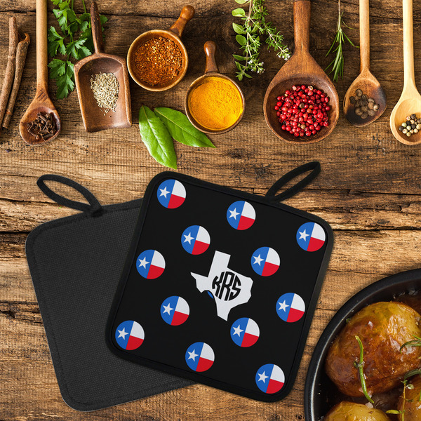 Texas Polka Dots Neoprene Pot Holder - Set of 2  LIFESTYLE (Flatlay)