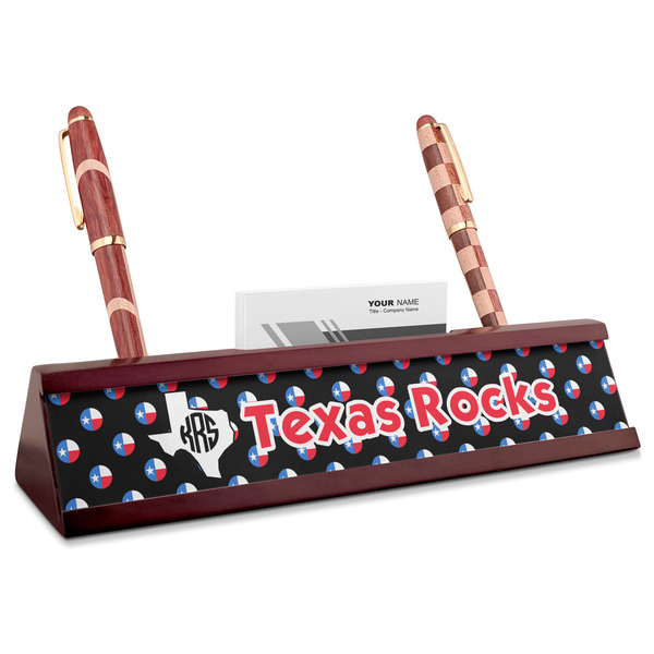 Custom Texas Polka Dots Red Mahogany Nameplate with Business Card Holder (Personalized)