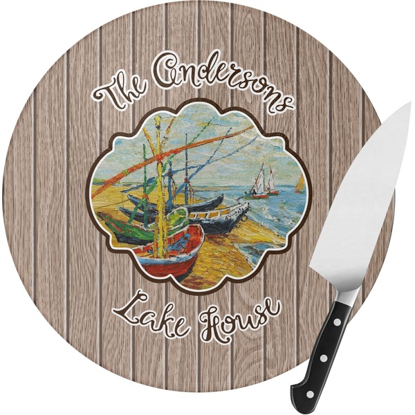 Custom Lake House Round Glass Cutting Board - Small (Personalized)