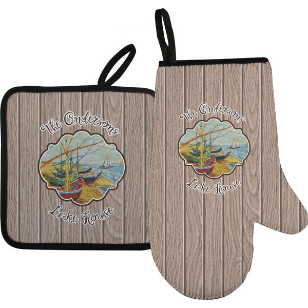 Custom Lake House Right Oven Mitt & Pot Holder Set w/ Name or Text