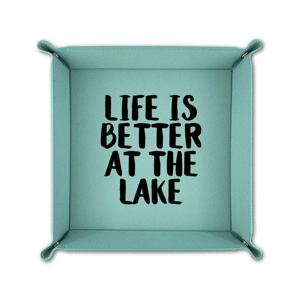 Lake House 6" x 6" Teal Leatherette Snap Up Tray - FOLDED UP