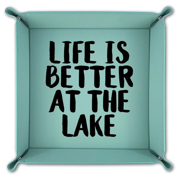 Lake House 9" x 9" Teal Leatherette Snap Up Tray - FOLDED