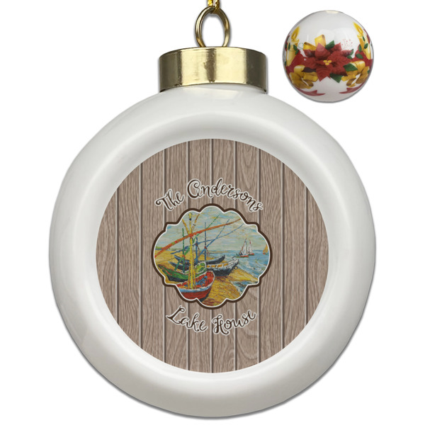 Custom Lake House Ceramic Ball Ornaments - Poinsettia Garland (Personalized)