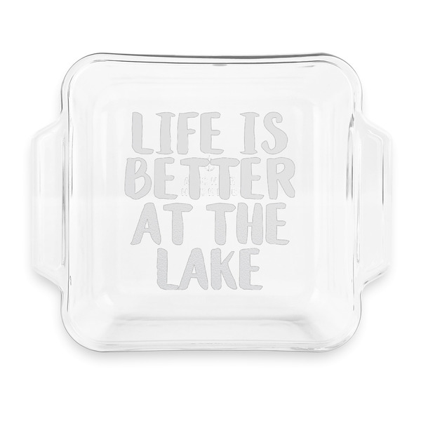 Custom Lake House Glass Cake Dish with Truefit Lid - 8in x 8in (Personalized)