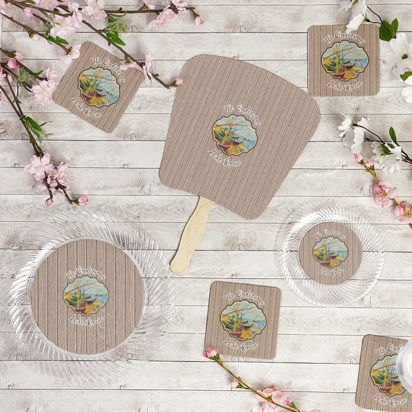 Lake House Party Supplies Combination Image - All items - Plates, Coasters, Fans