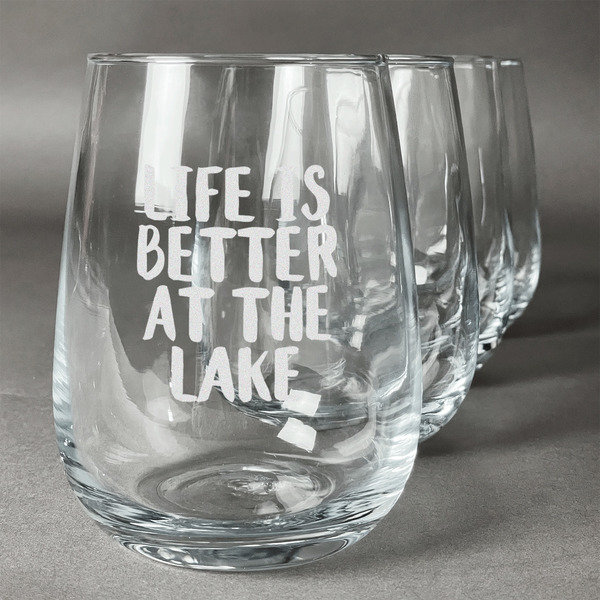 Custom Lake House Stemless Wine Glasses (Set of 4) (Personalized)