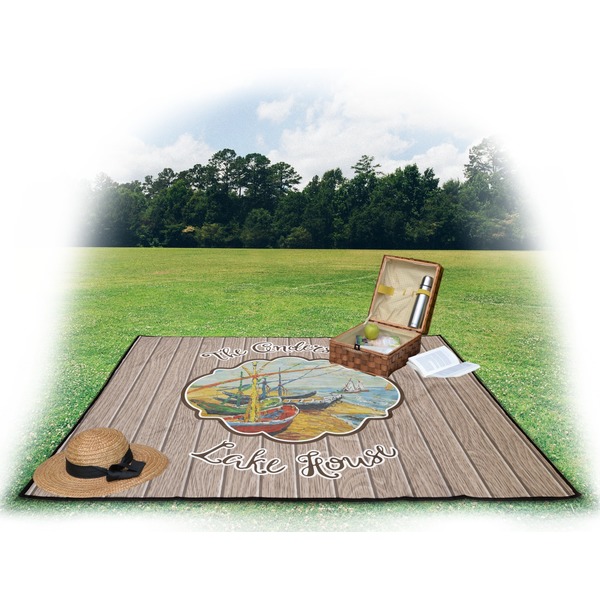 Lake House Picnic Blanket - with Basket Hat and Book - in Use