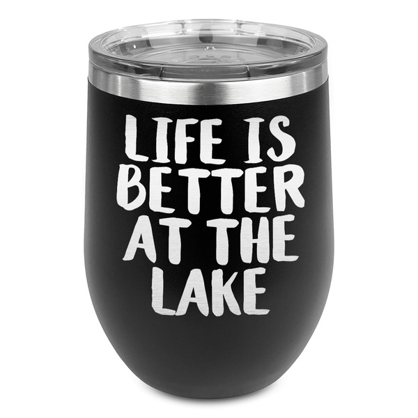 Custom Lake House Stemless Stainless Steel Wine Tumbler - Black - Single Sided (Personalized)