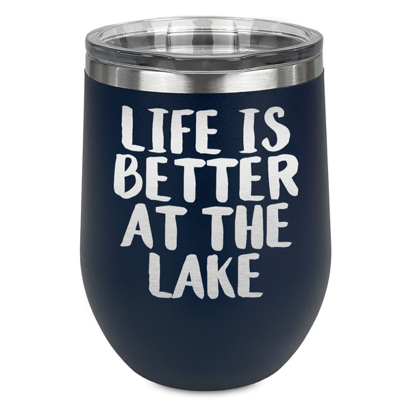 Custom Lake House Stemless Stainless Steel Wine Tumbler - Navy - Double Sided (Personalized)