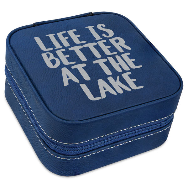 Custom Lake House Travel Jewelry Box - Navy Blue Leather (Personalized)