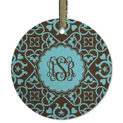 Floral Flat Glass Ornament - Round w/ Monogram
