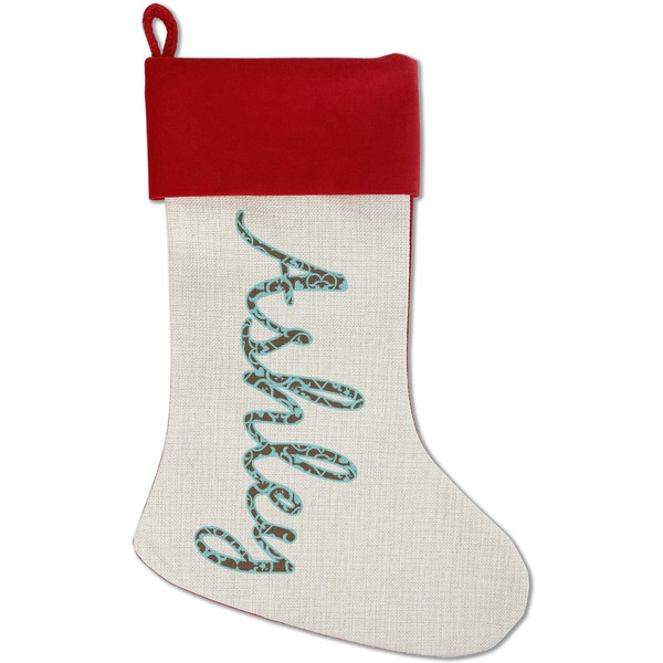 Custom Floral Red Linen Stocking (Personalized)