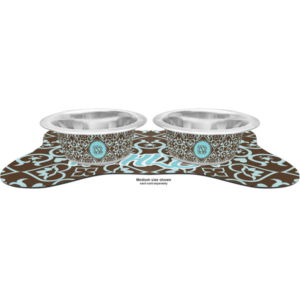 Floral Metal Pet Bowls - On Dog Bone Shaped Mat