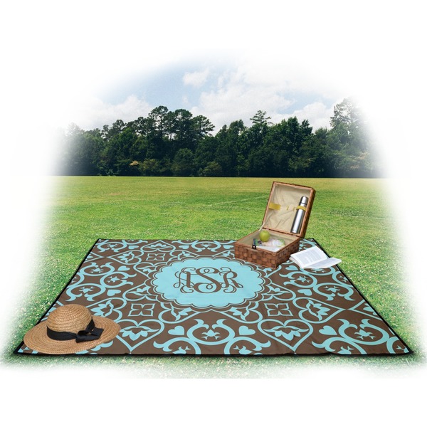 Floral Picnic Blanket - with Basket Hat and Book - in Use