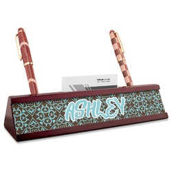 Floral Red Mahogany Nameplate with Business Card Holder (Personalized)
