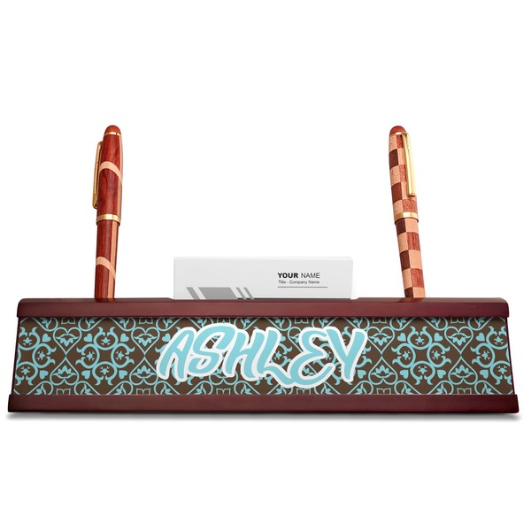 Floral Red Mahogany Nameplates with Business Card Holder - Straight