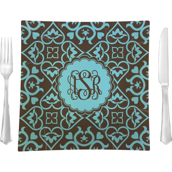 Custom Floral 9.5" Glass Square Lunch / Dinner Plate- Single or Set of 4 (Personalized)