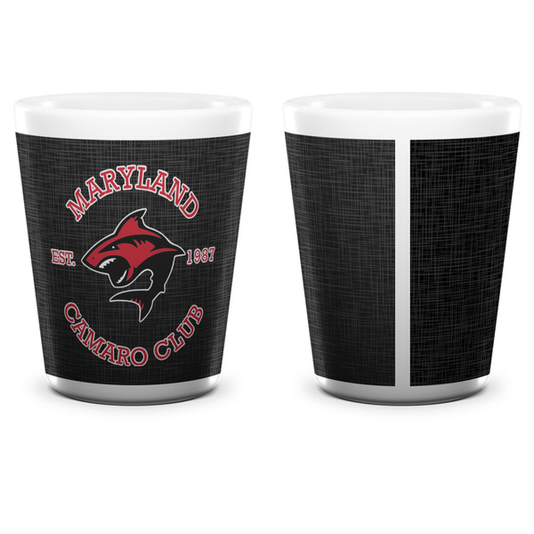 Maryland Camaro Club Logo Ceramic Shot Glass - White - Front & Back