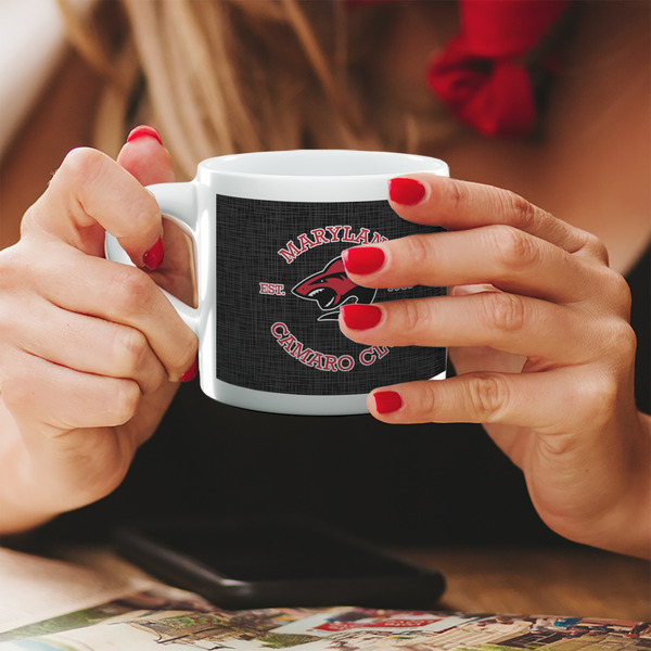 Maryland Camaro Club Logo Double Shot Espresso Cup - Lifestyle in Hands Close