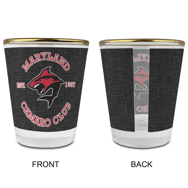 Maryland Camaro Club Logo Glass Shot Glass - Gold Rim - Front & Back