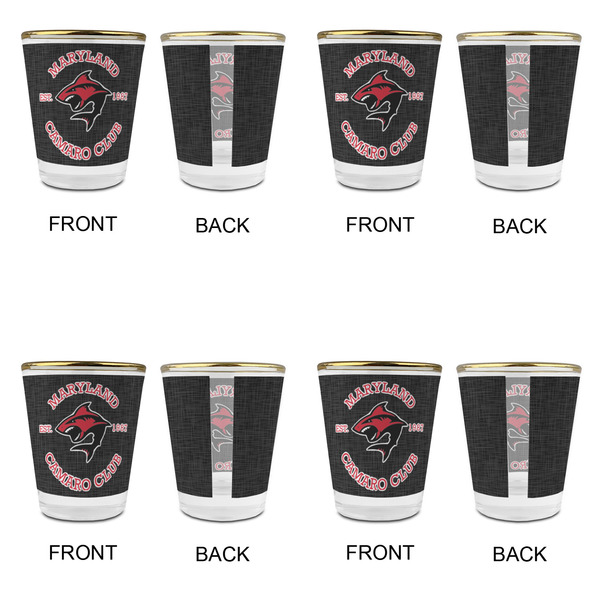 Maryland Camaro Club Logo Glass Shot Glass - Gold Rim - Set of 4 - Front & Back