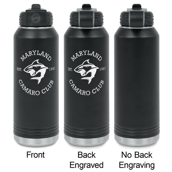 Maryland Camaro Club Logo Laser Engraved Water Bottles - 2 Styles - Front & Back View