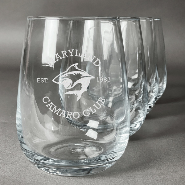 Custom Maryland Camaro Club Logo Stemless Wine Glasses - Laser Engraved- Set of 4