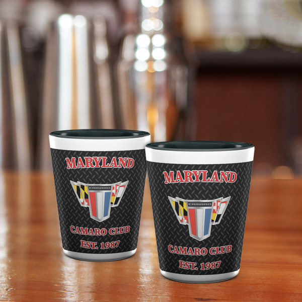 Maryland Camaro Club Logo2 Ceramic Shot Glass - Two Tone - Lifestyle