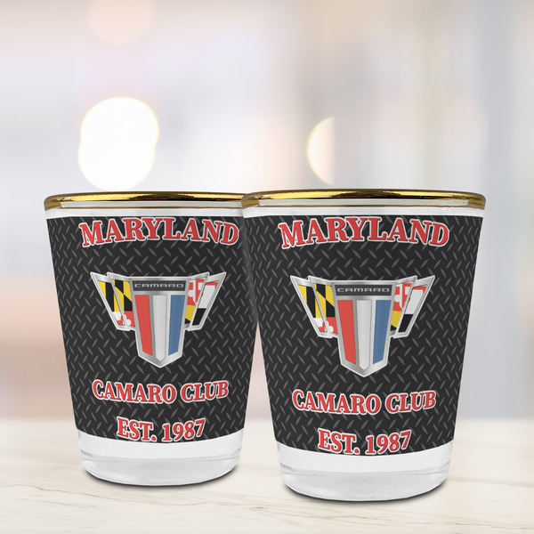 Maryland Camaro Club Logo2 Glass Shot Glass - Gold Rim - Lifestyle