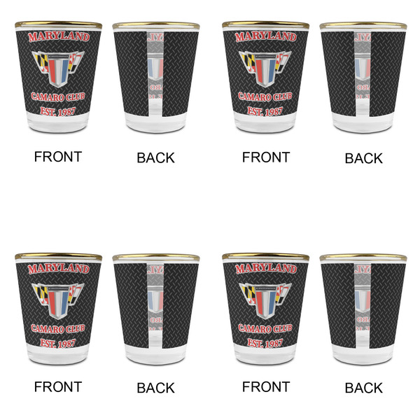 Maryland Camaro Club Logo2 Glass Shot Glass - Gold Rim - Set of 4 - Front & Back