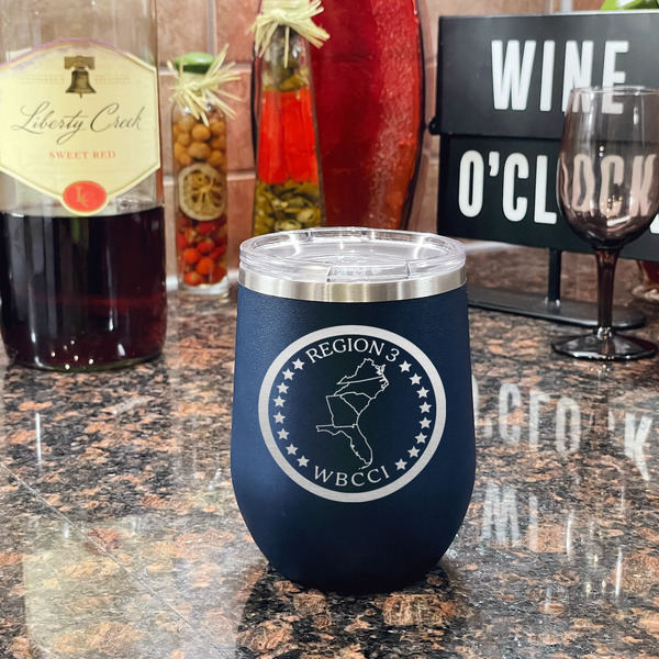 Region 3 Logo Stainless Wine Tumblers - Navy - Double Sided - In Context