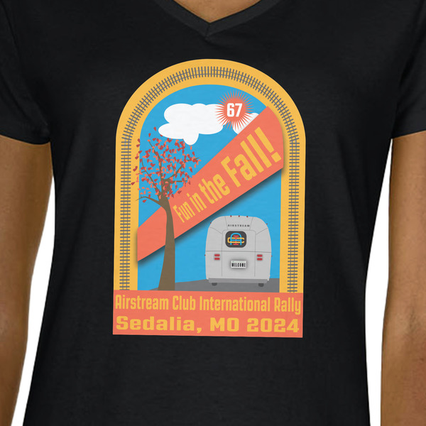 Airstream International Rally - 2024 Black V-Neck T-Shirt on Model - CloseUp