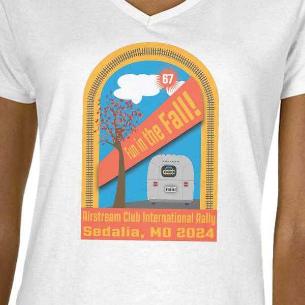 Airstream International Rally - 2024 White V-Neck T-Shirt on Model - CloseUp