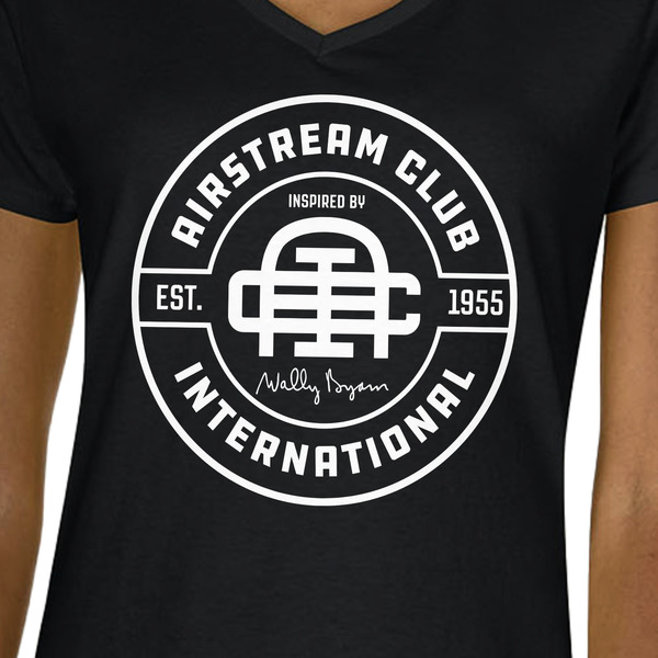 Airstream Club International Logo Black V-Neck T-Shirt on Model - CloseUp