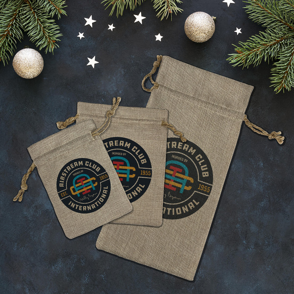 Airstream Club International Logo Burlap Gift Bags - LIFESTYLE (Flat lay)