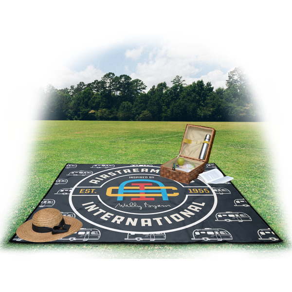 Airstream Club International Logo Picnic Blanket - with Basket Hat and Book - in Use