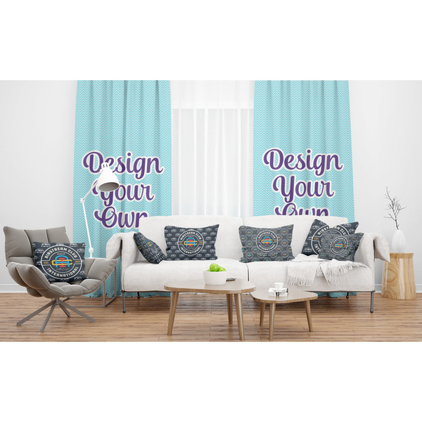 Airstream Club International Logo Sheer and Custom Curtains in Room with Matching Pillows