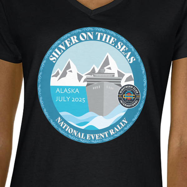 Silver on the Seas Black V-Neck T-Shirt on Model - CloseUp