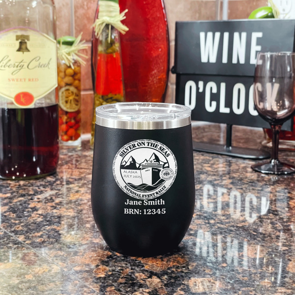 Silver on the Seas Stainless Wine Tumblers - Black - Single Sided - In Context