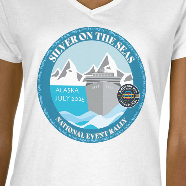 Silver on the Seas White V-Neck T-Shirt on Model - CloseUp