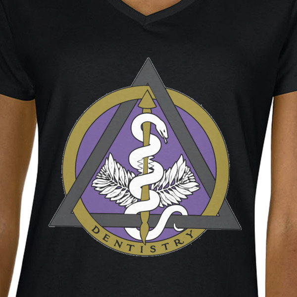 Dental Insignia / Emblem Black V-Neck T-Shirt on Model - CloseUp