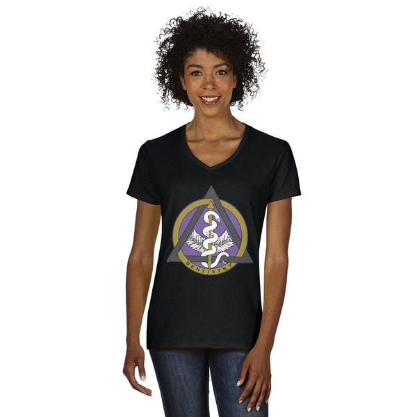 Custom Dental Insignia / Emblem Women's V-Neck T-Shirt - Black - Small