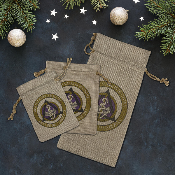 Dental Insignia / Emblem Burlap Gift Bags - LIFESTYLE (Flat lay)