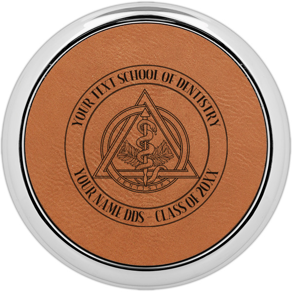 Custom Dental Insignia / Emblem Leatherette Round Coaster w/ Silver Edge (Personalized)