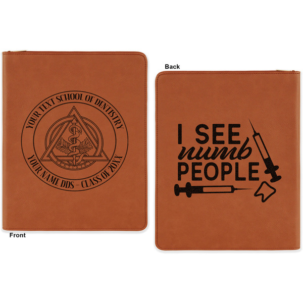 Dental Insignia / Emblem Cognac Leatherette Zipper Portfolios with Notepad - Double Sided - Apvl