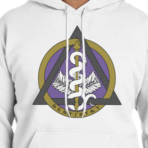 Dental Insignia / Emblem White Hoodie on Model - CloseUp